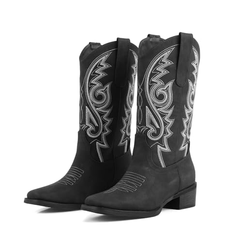 LingxiaUne Damen Western Cowboystiefel - aufwendige weiße Naht Mid - Wade Stiefel mit Holzabsatz, Schwarz, 37.5 EU LingxiaUne Damen Western Cowboystiefel - aufwendige weiße Naht Mid - Wade Stiefel mit Holzabsatz, Schwarz, 37.5 EU von LingxiaUne