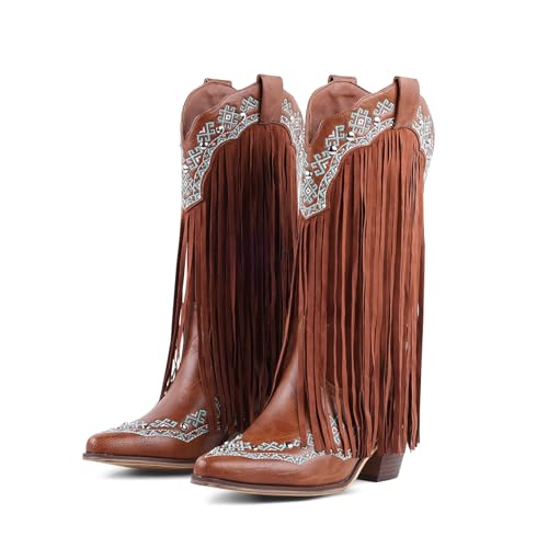 LingxiaUne Western-Cowboystiefel für Damen, mit Fransen, aufwendiges grünes Muster, verziert, wadenhoch, Braun, 40 EU LingxiaUne Western-Cowboystiefel für Damen, mit Fransen, aufwendiges grünes Muster, verziert, wadenhoch, Braun, 40 EU von LingxiaUne