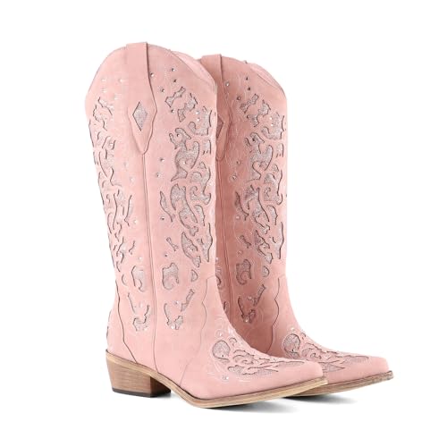 Western-Cowboystiefel mit bequemem Kalb, schwarz, Cowgirl-Stiefel für Damen, glitzernde Strasssteine, trendiger Vintage-Stil, hoher Glitzerstiefel mit Stickerei und klobigem Absatz für den täglichen Western-Cowboystiefel mit bequemem Kalb, schwarz, Cowgirl-Stiefel für Damen, glitzernde Strasssteine, trendiger Vintage-Stil, hoher Glitzerstiefel mit Stickerei und klobigem Absatz für den täglichen von LingxiaUne
