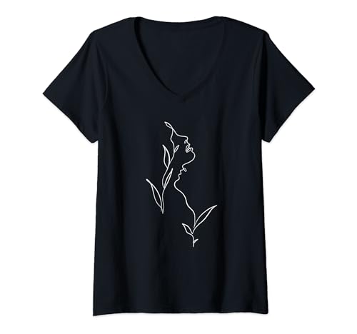 Damen Line Art Aesthetic Oneline Gesicht One-Line Blumen Floral T-Shirt mit V-Ausschnitt Damen Line Art Aesthetic Oneline Gesicht One-Line Blumen Floral T-Shirt mit V-Ausschnitt von Linienkunst Lineart Oneliner Naturliebe Zeichnung
