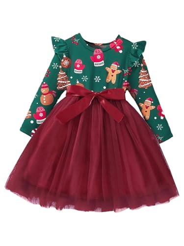 Linjinx Baby Mädchen Weihnachtskostüm Kleinkind Weihnachtskleid Langarm Pullover Kleid Tülllkleid Tutu Kleid Baby Herbst Kleidung Geburtstagskleid Roter Lebkuchenmann 86-92 von Linjinx