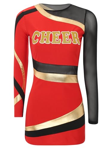 Linjinx Damen Cheer Lead Kostüm Cheerleading Uniform Kleid Langarm Metallic Patchwork Bodycon Kleid Tanzkleid Halloween Karneval Kostüm Fasching Party Rot L von Linjinx