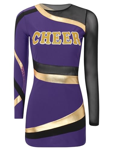 Linjinx Damen Cheer Lead Kostüm Cheerleading Uniform Kleid Langarm Metallic Patchwork Bodycon Kleid Tanzkleid Halloween Karneval Kostüm Fasching Party Violett S von Linjinx