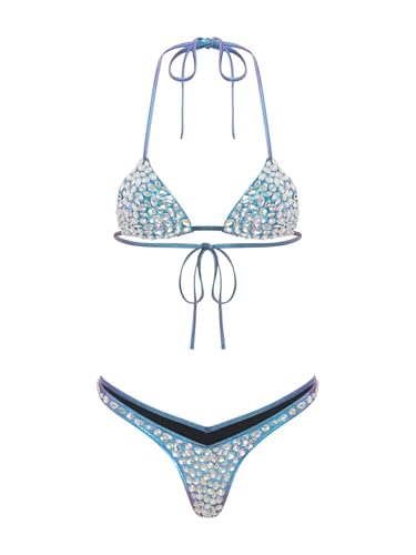 Linjinx Damen Glitzer Bikini Set 2-stück Strass Bikinioberteil und Bikini Triangel mit Strass Frauen Badeanzug Poolpartys Outfit Blau M von Linjinx