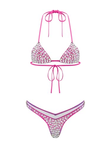 Linjinx Damen Glitzer Bikini Set 2-stück Strass Bikinioberteil und Bikini Triangel mit Strass Frauen Badeanzug Poolpartys Outfit Hot Pink S von Linjinx