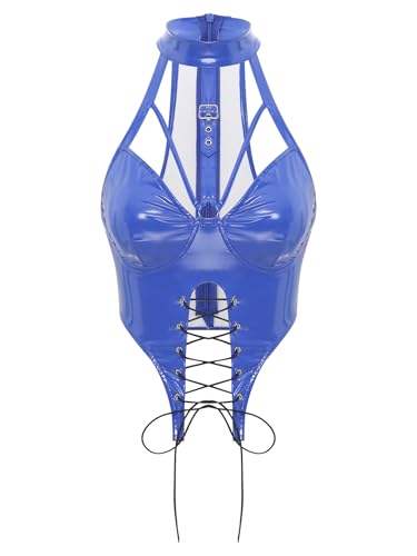 Linjinx Damen Lack Leder Crop Top Neckholder Top Pu Leder Weste Wetlook Bauchfrei Hollow Out Oberteil Clubwear Gogo Party Blau 3XL von Linjinx