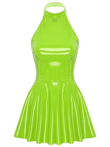 Linjinx Damen Lack Leder Kleid Wetlook Partykleid Neckholder Minikleid Rückenfrei Faltenkleid Kurz Eng Wickelkleid Gogo Clubwear Leuchtendes Grün L von Linjinx