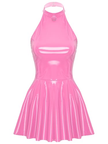 Linjinx Damen Lack Leder Kleid Wetlook Partykleid Neckholder Minikleid Rückenfrei Faltenkleid Kurz Eng Wickelkleid Gogo Clubwear Rosa 4XL von Linjinx