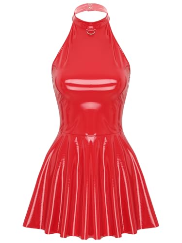 Linjinx Damen Lack Leder Kleid Wetlook Partykleid Neckholder Minikleid Rückenfrei Faltenkleid Kurz Eng Wickelkleid Gogo Clubwear Rot L von Linjinx