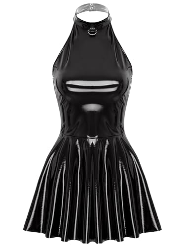 Linjinx Damen Lack Leder Kleid Wetlook Partykleid Neckholder Minikleid Rückenfrei Faltenkleid Kurz Eng Wickelkleid Gogo Clubwear Schwarz XXL von Linjinx