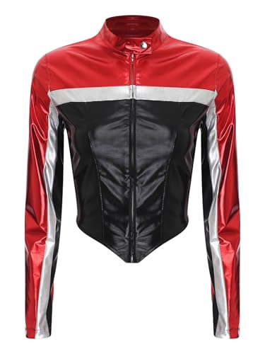 Linjinx Damen Rennfahrer Kostüm Jacke Lederjacke Slim Fit Collegejacke Motorradjacke Bike Jacke Reißverschluss Bomberjacke Racing Jacke Oberbekleidung Rot M von Linjinx