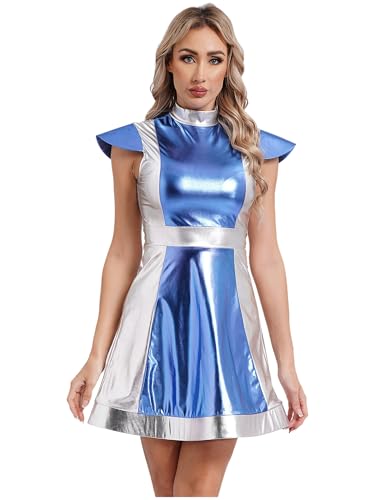 Linjinx Damen Space Girl Weltraum Kostüm Metallic Minikleid Holograpfisch Kostüm A-Linien Partykleid Halloween Karneval Kostüm Hellblau XXL von Linjinx