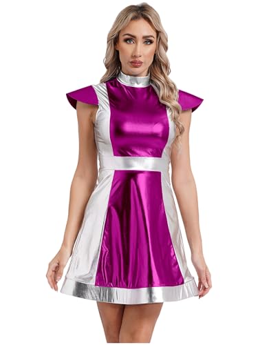 Linjinx Damen Space Girl Weltraum Kostüm Metallic Minikleid Holograpfisch Kostüm A-Linien Partykleid Halloween Karneval Kostüm Hot Pink M von Linjinx