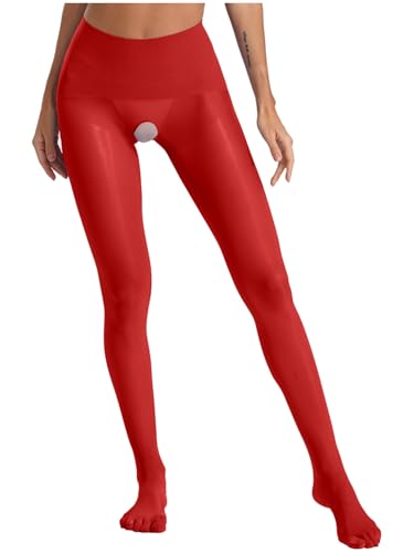 Linjinx Damen Transparent Strumpfhosen Hohe Taille Leggings Offener Schritt Fünf Zehen Strümpfe Tights Unterwäsche Reizwäsche Rot Einheitsgröße von Linjinx