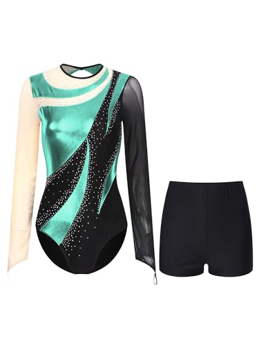 Linjinx Damen Turnanzug Langarm Ballett Trikot Tanzbody mit Gymnastik Hose Glitzer Gymnastikanzug Ballettanzug Tanzkleidung Blau Grün S von Linjinx