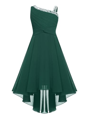 Linjinx Elegant Festliches Kleid Mädchen Chiffon Kleid One Shoulder Glitzer Brautjungfer Kleid Abendkleider Vokuhila Kleid Hochzeitskleid Geburtstagskleid Armeegrün 158-164 von Linjinx
