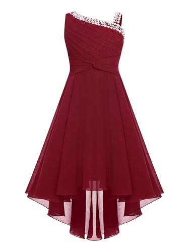 Linjinx Elegant Festliches Kleid Mädchen Chiffon Kleid One Shoulder Glitzer Brautjungfer Kleid Abendkleider Vokuhila Kleid Hochzeitskleid Geburtstagskleid Burgundy 170-176 von Linjinx