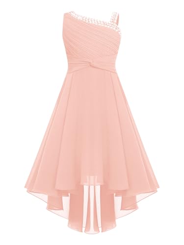 Linjinx Elegant Festliches Kleid Mädchen Chiffon Kleid One Shoulder Glitzer Brautjungfer Kleid Abendkleider Vokuhila Kleid Hochzeitskleid Geburtstagskleid Rosa 170-176 von Linjinx
