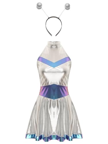 Linjinx Frauen Metallic Glänzend Alien Kleid A-Linie Ärmellos Rückenfrei Kleid Holographische Minikleid mit Haarreifen Alien Kostüm Karneval Fasching Party Blau M von Linjinx