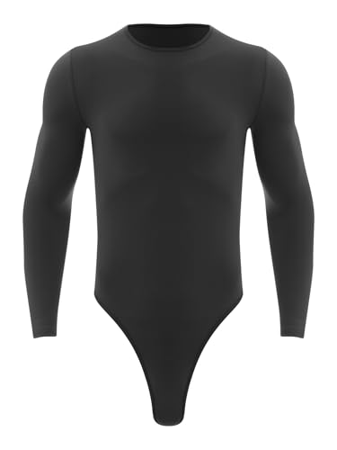 Linjinx Herren Langarm Hemdbody Slim Fit Sportbody Einteiler Bodysuit Overall Druckknöpfe Stringbody Fitness Body Muskelhemd Body Shaper Unterwäsche Schwarz XL von Linjinx