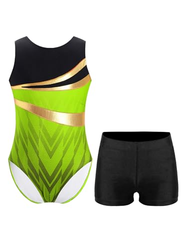 Linjinx Kinder Gymnastikanzug Ärmellose Turnanzug Trikot Body Mit Shorts Turnbody Tanzbody Turnkleidung Turn Outfit Leuchtendes Grün 146-152 von Linjinx