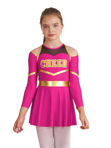 Linjinx Mädchen Cheer Leader Kostüm Langarm Cheerleading Kleid Kinder Tanzkleid Sportkleid Cheerleading Outfit Karneval Party Anzug Hot Pink 158-164 von Linjinx