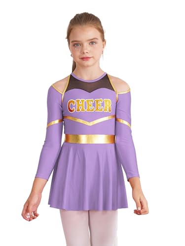 Linjinx Mädchen Cheer Leader Kostüm Langarm Cheerleading Kleid Kinder Tanzkleid Sportkleid Cheerleading Outfit Karneval Party Anzug Lavendel 146-152 von Linjinx