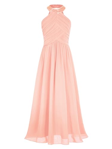 Linjinx Kinder Mädchen Chiffon Kleid Elegant Blumenmädchen Kleid Pailletten ärmellos Maxi Prom Kleid Taufkleid Hochzeit Geburstag Rosa 134-140 von Linjinx