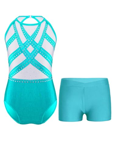 Linjinx Kinder Mädchen Gymnastikanzug Glitzer Turnanzug mit Hose Ballett Body Gymnastikbody Trikotbody Sport Shorts Tanzshorts Tanzkleidung Blau Grün 146-152 von Linjinx