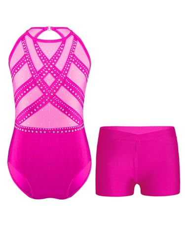 Linjinx Kinder Mädchen Gymnastikanzug Glitzer Turnanzug mit Hose Ballett Body Gymnastikbody Trikotbody Sport Shorts Tanzshorts Tanzkleidung Hot Pink 146-152 von Linjinx