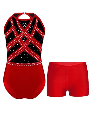 Linjinx Kinder Mädchen Gymnastikanzug Glitzer Turnanzug mit Hose Ballett Body Gymnastikbody Trikotbody Sport Shorts Tanzshorts Tanzkleidung Rot 122-128 von Linjinx