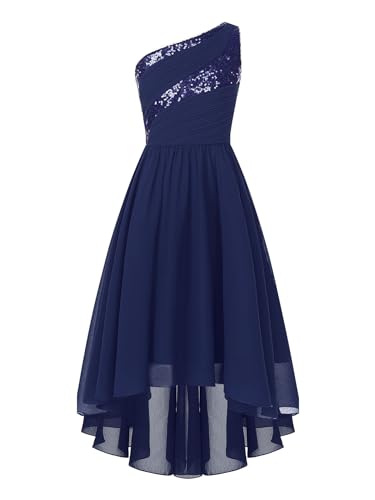 Linjinx Mädchen Festliches Kleid One Shoulder Chiffon Kleid Pailletten Abendkleider Cocktailkleid Vokuhila Kleid Brautjungfer Kleid Hochzeit Geburtstag Navy blau 146-152 von Linjinx
