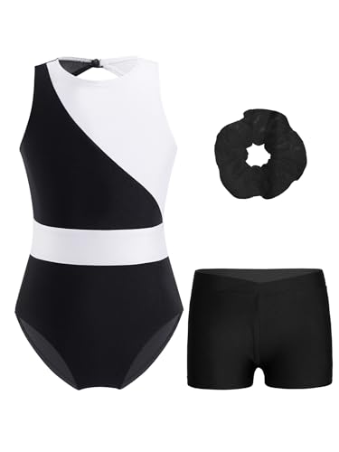 Linjinx Mädchen Turnanzug 3-teilig Mit Hose Kurz Gymnastikanzug Ärmellos Turnbody Tanzbody Gzmnastik Shorts Haarband Tanzkostüm Weiß schwarz 134-140 von Linjinx
