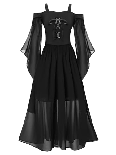 Linjinx Mittelalter Kleidung Kinder Mädchen Mittelalterliches Kostüm Gothic Kleider Trompetenärmel Renaissance Kleid Halloween Kostüm Schwarz 146-152 von Linjinx