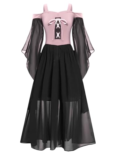 Linjinx Mittelalter Kleidung Kinder Mädchen Mittelalterliches Kostüm Gothic Kleider Trompetenärmel Renaissance Kleid Halloween Kostüm Orange-Rosa 170-176 von Linjinx