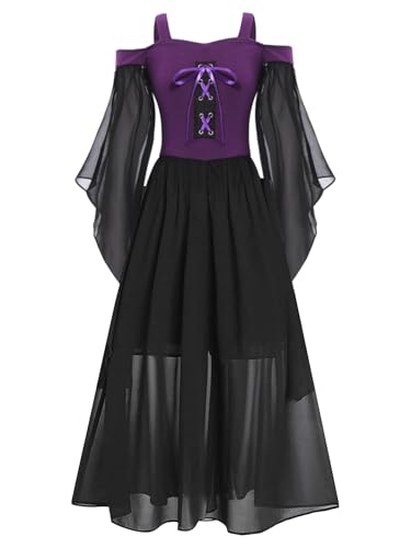 Linjinx Mittelalter Kleidung Kinder Mädchen Mittelalterliches Kostüm Gothic Kleider Trompetenärmel Renaissance Kleid Halloween Kostüm Violett 170-176 von Linjinx