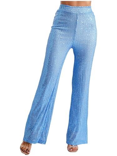 Linjinx Pailletten Hose Damen Metallic Hose Hohe Taille Treggings Lang Weites Bein Sommerhose Schlaghose Party Streetwear Hellblau M von Linjinx