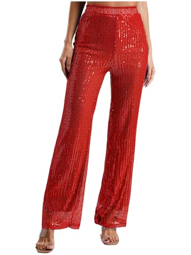 Linjinx Pailletten Hose Damen Metallic Hose Hohe Taille Treggings Lang Weites Bein Sommerhose Schlaghose Party Streetwear Rot XL von Linjinx