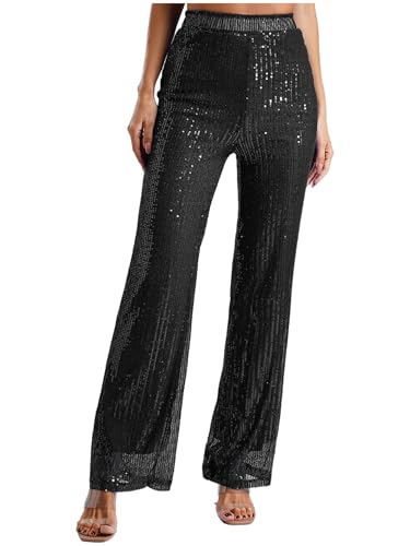 Linjinx Pailletten Hose Damen Metallic Hose Hohe Taille Treggings Lang Weites Bein Sommerhose Schlaghose Party Streetwear Schwarz XXL von Linjinx