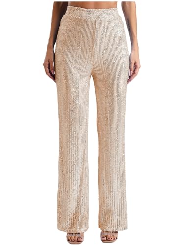 Linjinx Pailletten Hose Damen Metallic Hose Hohe Taille Treggings Lang Weites Bein Sommerhose Schlaghose Party Streetwear Sekt S von Linjinx