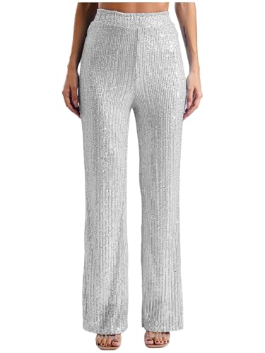 Linjinx Pailletten Hose Damen Metallic Hose Hohe Taille Treggings Lang Weites Bein Sommerhose Schlaghose Party Streetwear Silber L von Linjinx