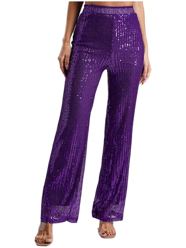 Linjinx Pailletten Hose Damen Metallic Hose Hohe Taille Treggings Lang Weites Bein Sommerhose Schlaghose Party Streetwear Violett XL von Linjinx