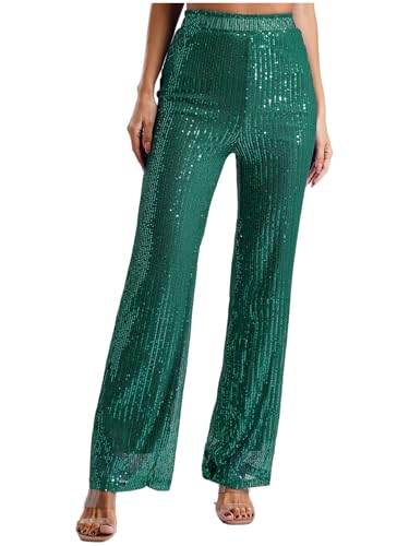 Linjinx Pailletten Hose Damen Metallic Hose Hohe Taille Treggings Lang Weites Bein Sommerhose Schlaghose Party Streetwear Grün XL von Linjinx