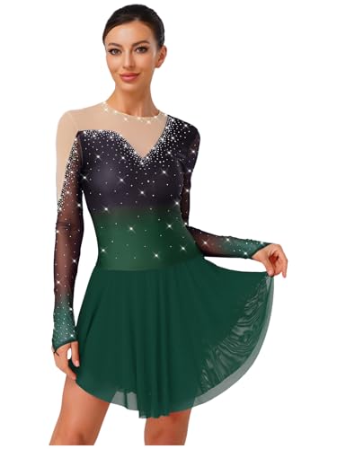 Linjinx kürkleider Eiskunstlauf Kleid Damen Kürkleid Rollkunstlauf Langarm Strass Ballettkleid Gymnastikbody Mit Chiffon Rock Tanzanzug Grün M von Linjinx