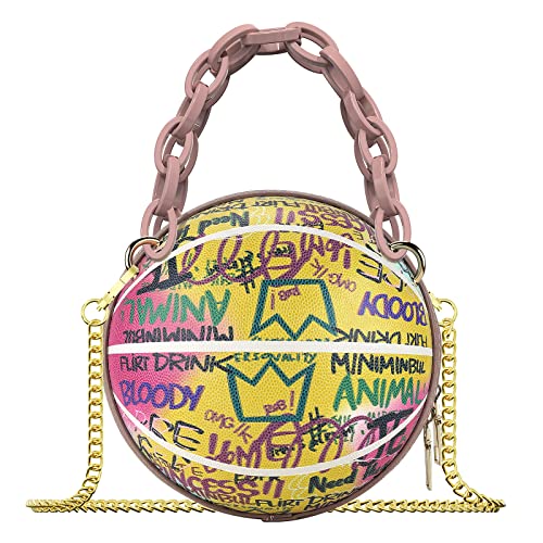 Linkidea Basketball-förmige Geldbörsen für Damen, Graffiti-Buchstabe, Mädchen, Mini-Tasche, rund, veganes Leder, Schultertasche, Umhängetasche, Kurierhandtasche (Rosa), rose von Linkidea