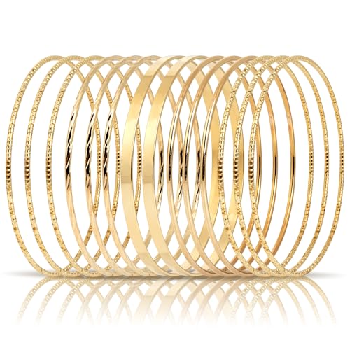 Linkidea Plus Size Armreif Armbänder Set für Frauen Set von 14 Edelstahl Unregelmäßige Gestapelte Runde Golden Armreifen 8,6 Zoll Groß von Linkidea