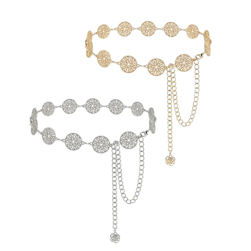Plus-Size-Kettengürtel für Damen, 2er-Pack hohle runde Metallkettengürtel für Damen, Bauch- und Taillenketten, extra lange Körperkette, 59 Zoll verstellbare klobige Gürtelkette von Linkidea