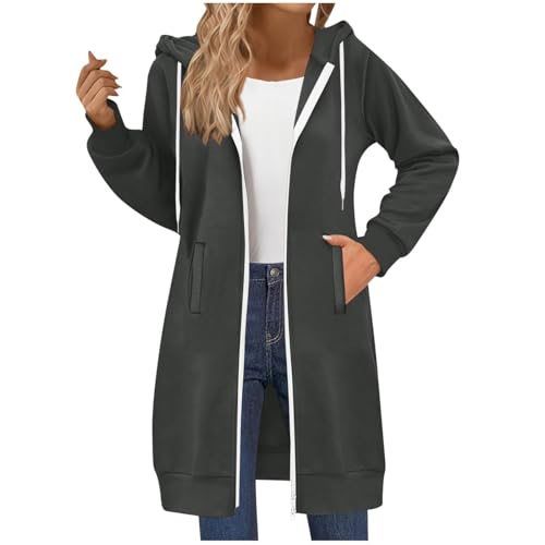 Damen Kapuzenjacke Lang Sweatjacke mit Kapuze Hoodie Jacke Herbst Winter Mantel Sweatshirts Hoodie Outwear Langarm Kapuzenpullover Strickjacke mit Reißverschluss Taschen von Linkpig