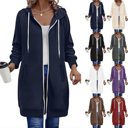Damen Kapuzenjacke Lang Sweatjacke mit Kapuze Hoodie Jacke Herbst Winter Mantel Sweatshirts Hoodie Outwear Langarm Kapuzenpullover Strickjacke mit Reißverschluss Taschen von Linkpig