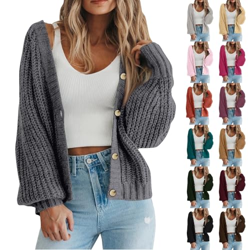 Linkpig Strickjacke Damen Kurz Strick Cardigan V-Ausschnitt Knopfleiste Open Front Sweater Elegant Casual Schulterjacke Top Winter Pullover Mantel Jacke Strickcardigan von Linkpig